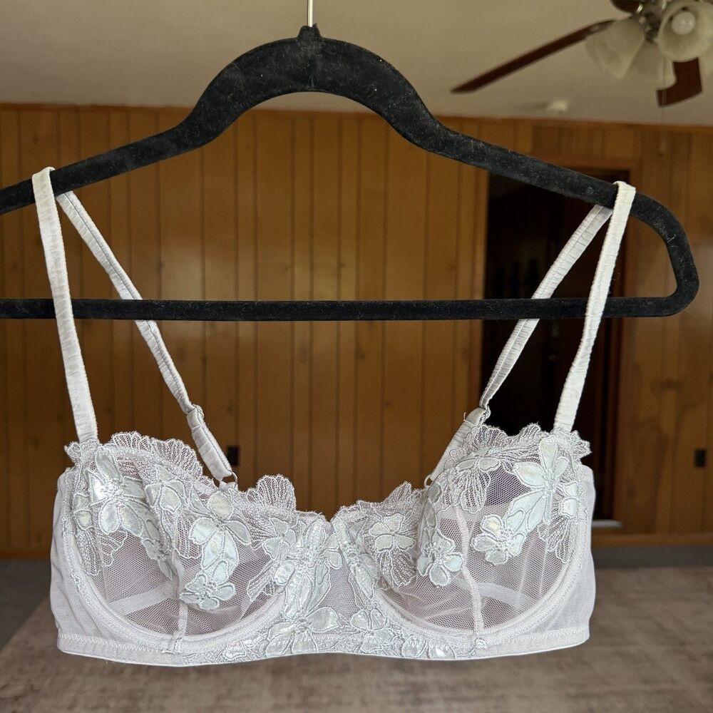 Fleur du Mal Lace Balconette Bra 34D Silver Grey Embroidered Underwire Silk Sexy - Picture 2 of 12
